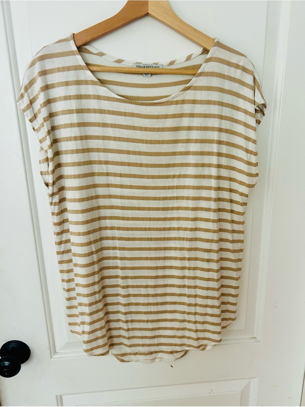 Green Envelope Cream and Tan Striped Short Sleeve Tee